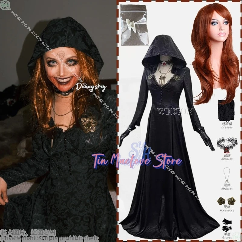 

Bela Аниме Игра Dimitrescuuu 코스프레 의상 Винтаж Длинный халат Ужас Вампир Черный Глубокий V Большая шляпа Кружевное готическое платье Лолита Хэллоуин Cos