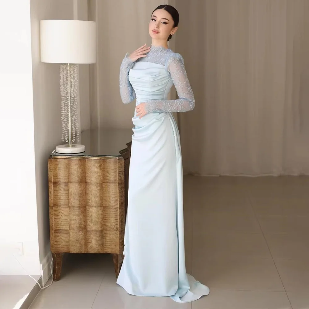 تخصيص رائعة Ruched المرأة حفلة موسيقية فستان طويل الأكمام الساحرة حورية البحر الدانتيل زين فستان الحفلات المرأة الساتان ثوب مسائي