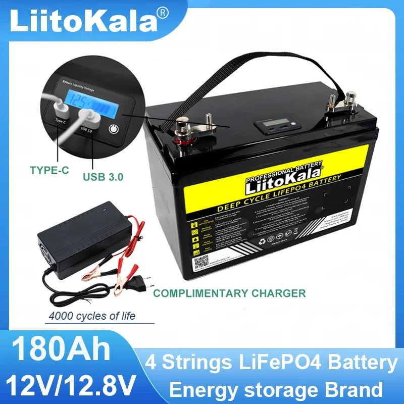 LiitoKala 12V/12.8V 180AH LCD LiFePO4 Battery pack 4 String Lithium Batteries 2000w Inverter for Touring Car Solar 14.6v Charger