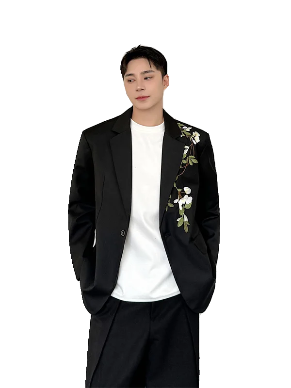 

New Chinese Sle Embroidered Tea Flower adient Casual Suit Jaet Men's Design Single Button Leisure Suit Polyester Fiber