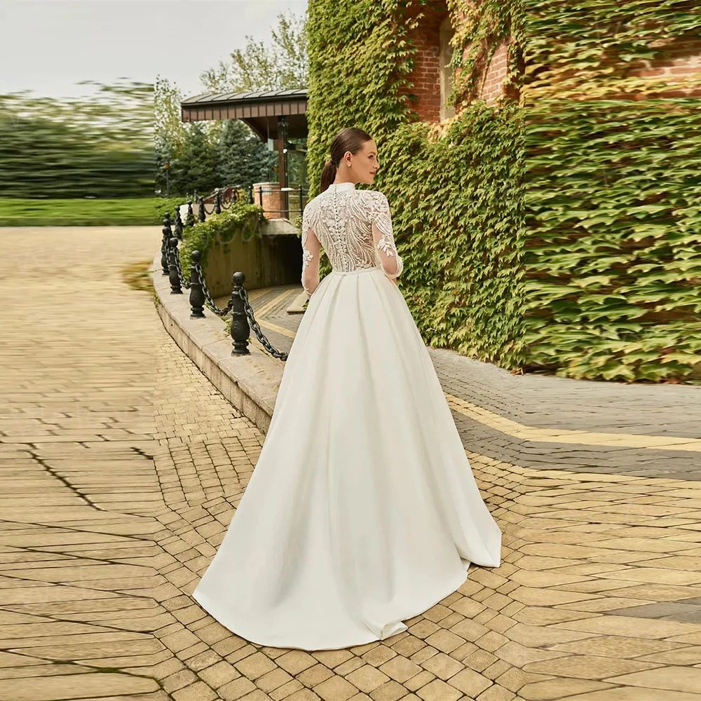 Piękne suknie ślubne damskie w kształcie litery A, z wysokim dekoltem, długim rękawem, Vestido, szyte na miarę suknie dla panny młodej, koronkowe aplikacje, Vestido De Novia