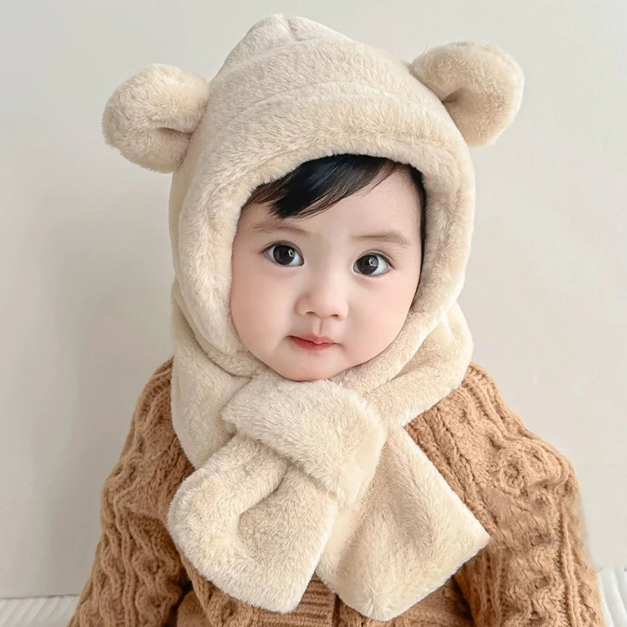 

Ear Protection Cap for 1-4 Years Baby Kids Cute Bear Plush Scarf and Hat Two-piece Set Children Winter Thickened Warm Bunny Hats