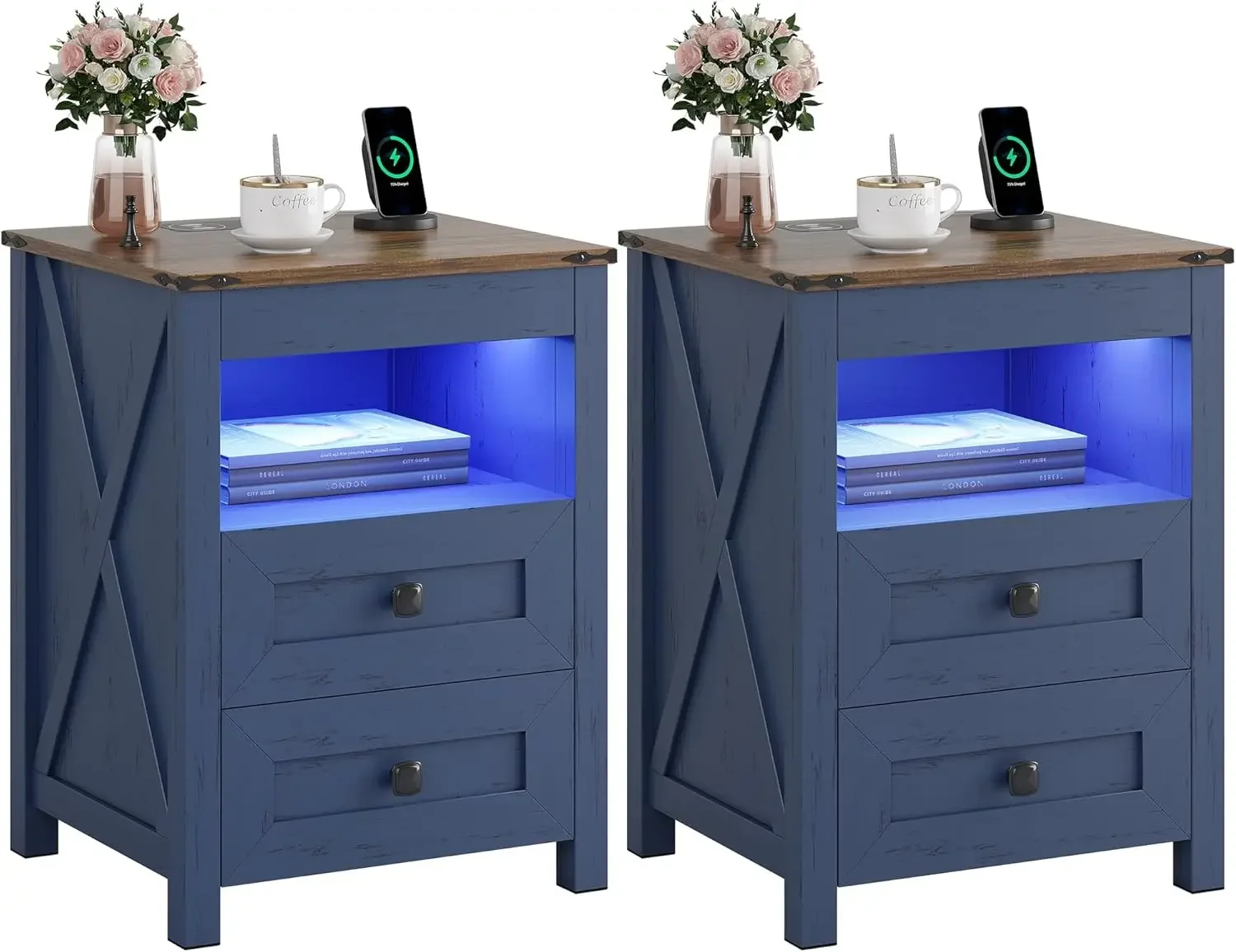 

Farmhouse LED Nightstand Set 2 with Gun Drawer&Invisible Lock,Modern Bedside Table with Human Sensor Design,Charging