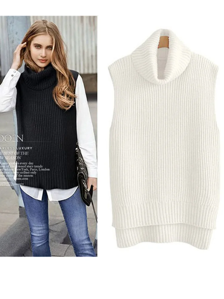 Autumn And Winter New Turtleneck Sweater Cashmere Vest Women\'s Sleeveless Female Sweater Vest Large Size Vest Loose Slit  Wool