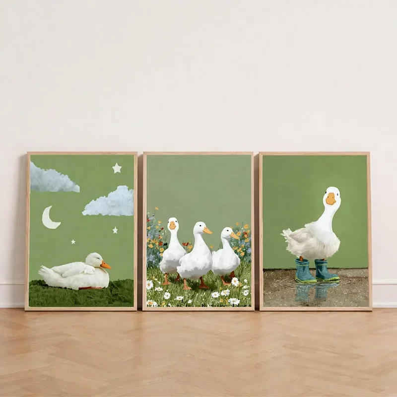 Large-sized frameless  3PCS Cute Duck Art Print  Playful Sage Green Stripes Wall Art  Nursery Decor Farm Animal Poster