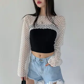 女士網眼性感T卹街頭風霓虹漁網上衣長袖鏤空露臍比基尼罩衫 8 最佳銷售 霓虹上衣 - №5