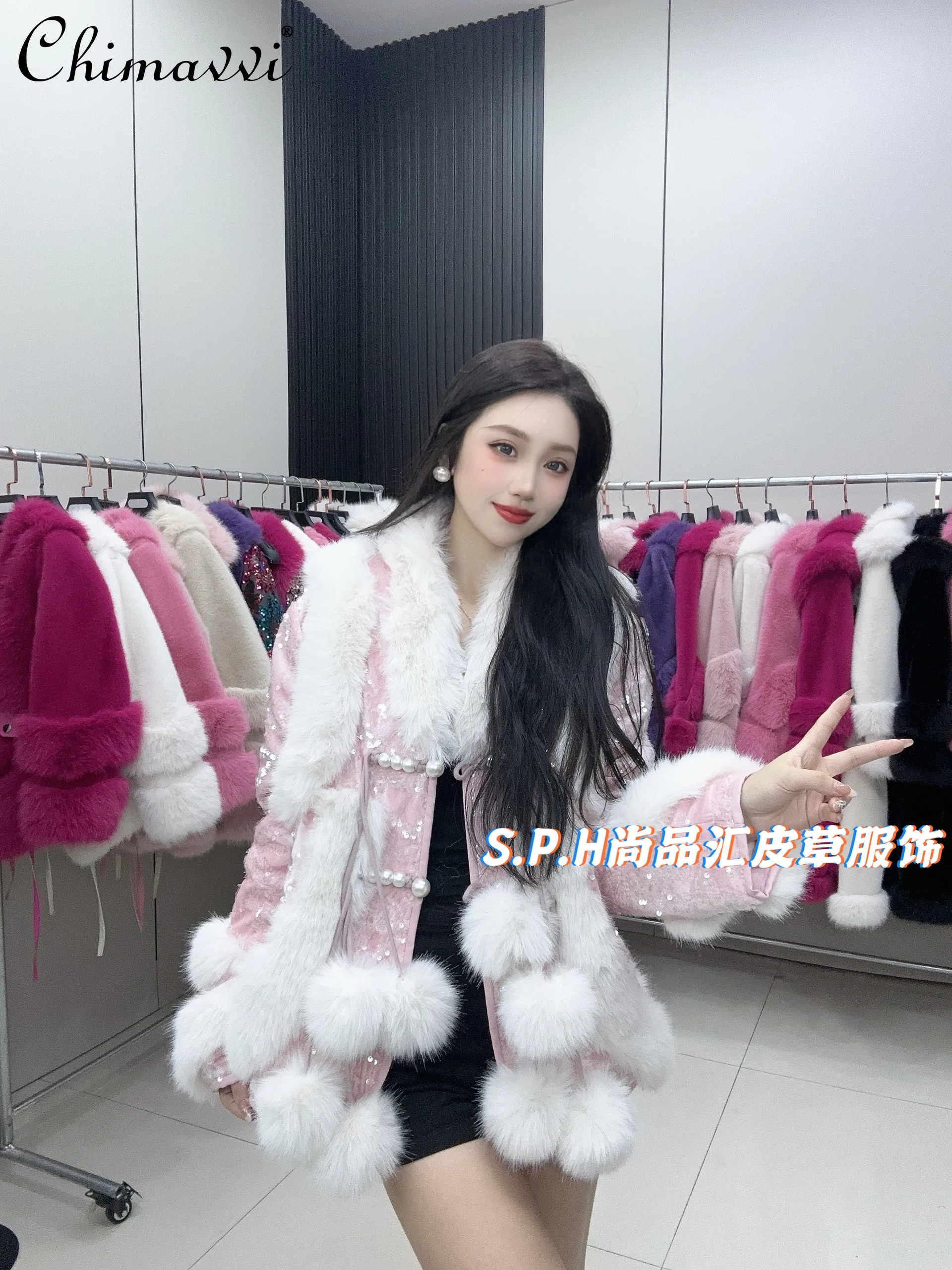 Winter New Heavy Industry Sequined Fur Coat Women\'s Light Luxury Long-sleeved Mid-length Thickened Cotton Warm Faux Fur Jackets