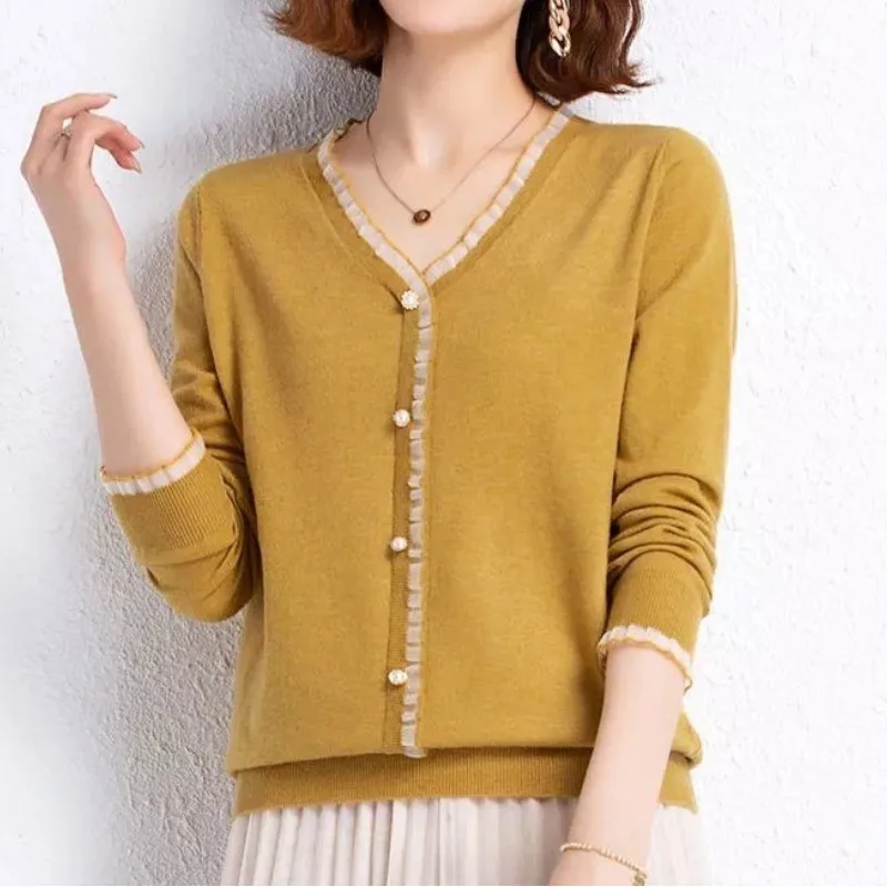 Women\'s 2023 Spring and Autumn Solid Color Pullover V-Neck Knit Ruffles Long Sleeve Button Fashion Sweaters Female Clothing Tops