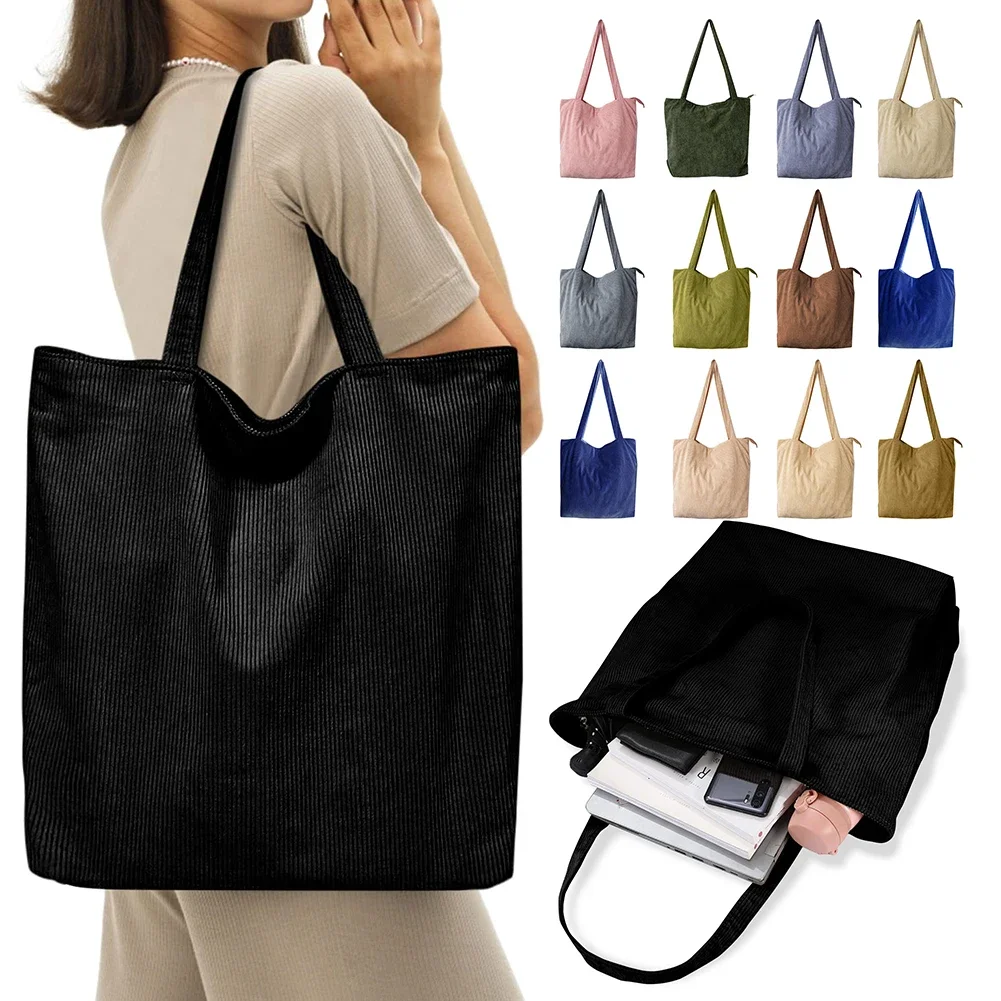 Women Soft Corduroy Tote Bag Large Capacity Daily Shopping Shoulder Handbag Casual Student Commute Bag