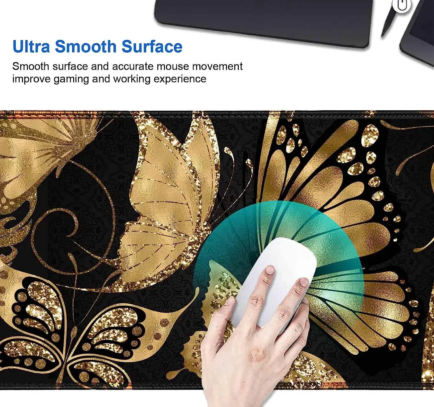 حصيرة مكتب باللونين الأسود والذهبي مقاس 35.4 × 15.7 بوصة XL XXL لوحة ماوس كبيرة للألعاب قاعدة مطاطية غير قابلة للانزلاق على شكل فراشة ذهبية لامعة فنية