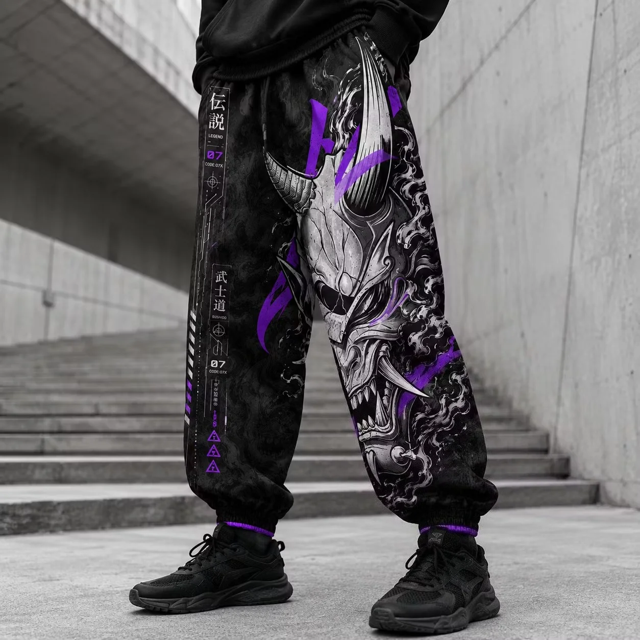 Dark-themed Japanese Demon Mask Print Athletic Sweatpants, Tech-inspired Samurai-style Loose Hip-hop Streetwear Sweatpants