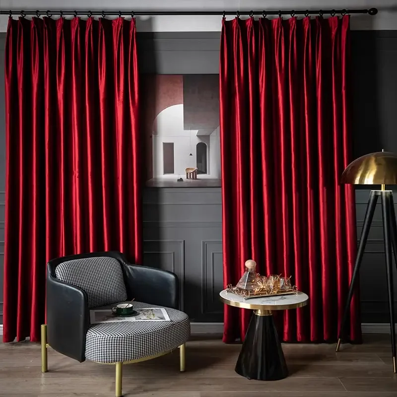 Retro Thickened Red Velvet Curtains for Living Dining Room Bedroom Luxury Blackout Red Chinese Home Solid Color Background