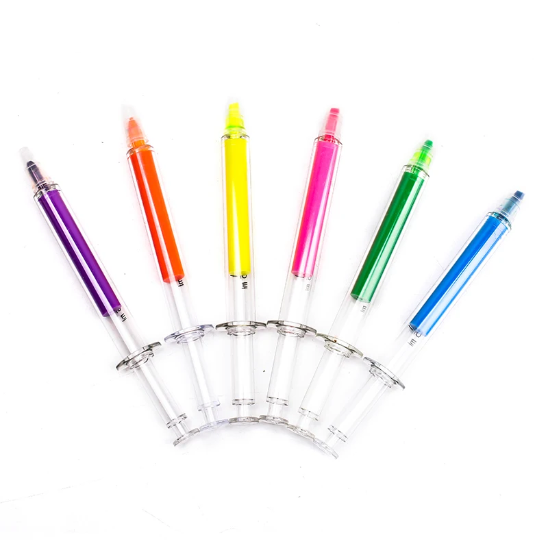 6Pc Kawaii Syringe Highlighter Pen Syringe Needle Shape Mechanical Color pen Ballpoint for Office School Marker Writing Tool