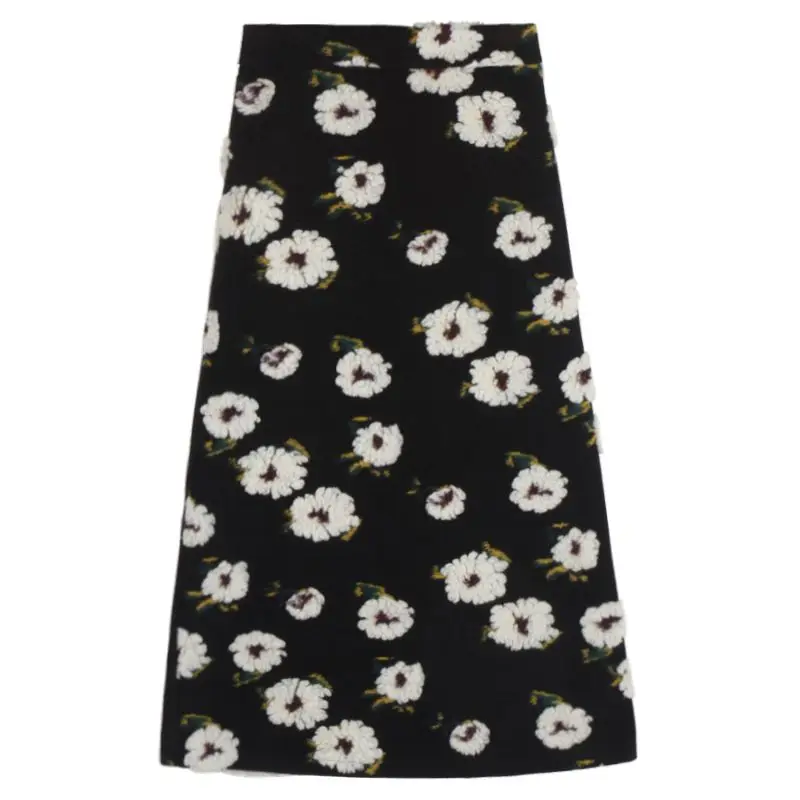 Vintage High Waist 3d Flower Skirt For Women Winter Thicked Warm Mid-length Skirts Oversize Loose Black Women's Clothing