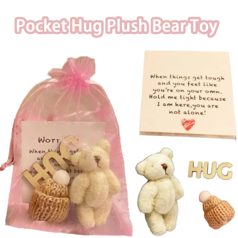 Oso de peluche de abrazo de bolsillo con bolsa de malla, Mini muñeco de oso de peluche positivo con gorro de punto, regalo de cinta rosa de Navidad