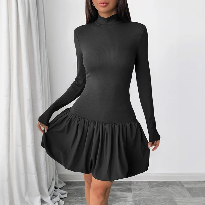Minivestido elegante de manga larga con cuello alto y volantes para mujer, vestido de fiesta liso ajustado de cintura alta, corte en A, ropa de calle, otoño 2025