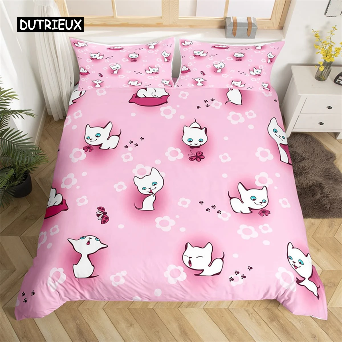 

Cartoon Animal Duvet Cover Twin King Cute Cat Bedding Set Microfiber Paw Butterfly Floral Comforter Cover For Kids Girl Bedroom