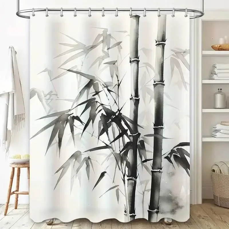 

Chinese Ink Bamboo Print Shower Curtain, Zen Asian Art Design, Waterproof Polyester Bathroom Curtain with Hooks
