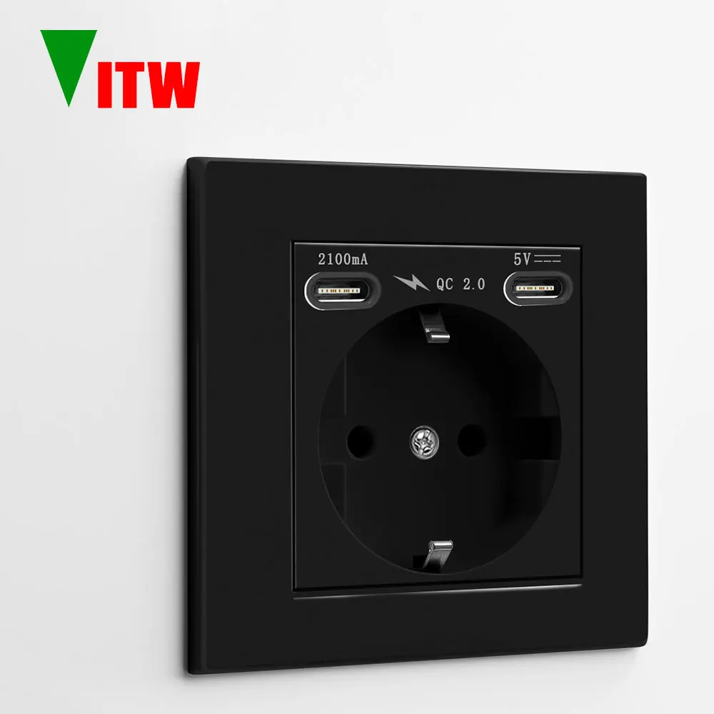 Vitw German Style USB Wall Power Socket, Two C-Type 2A Charging Ports, AC 110V-250V EU Universal Standard 16A Embedded Socket