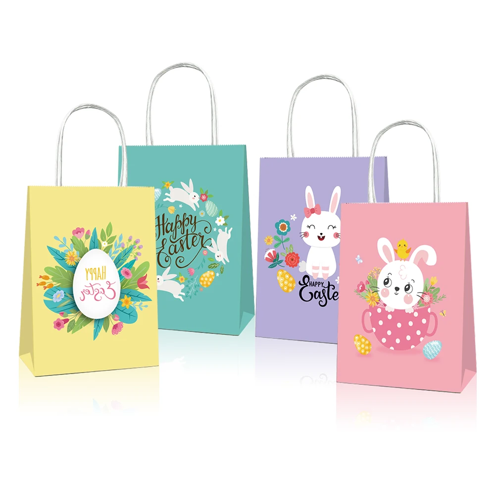 BD030 12Pcs Happy Easter Day Festival Cartoon Rabbits Eggs Party Packing Tote Paper Gift Bags Easter Day Party Decorations