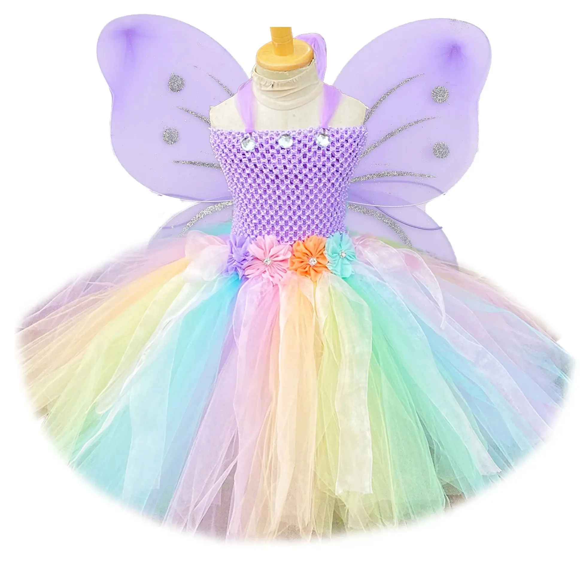 Mädchen Pastellfarbenes Blumenfeenkleid Kinder Schmetterlings-Tutu-Kleid mit Flügel und Zauberstab Haarschleife Kinder Geburtstag Weihnachtsfeier Kostüme
