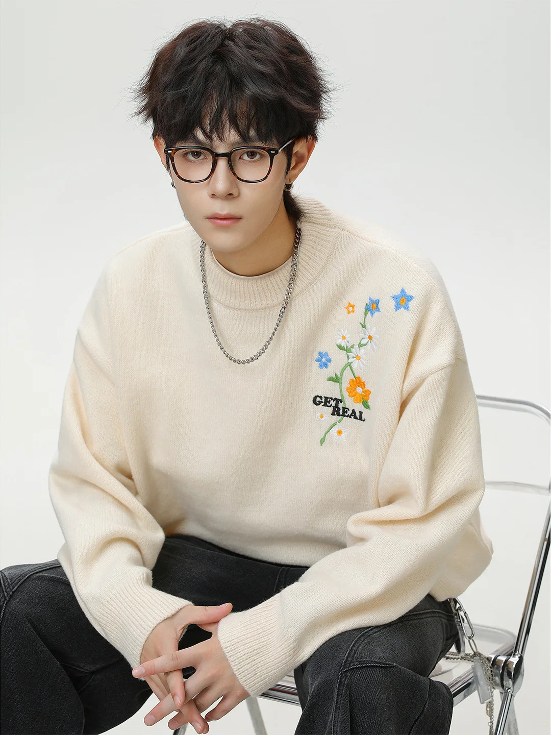 

Ретро американский вышитый свободный крой повседневный вязаный свитер для мужчин осень-зима новый подростковый ленивый топ на голову