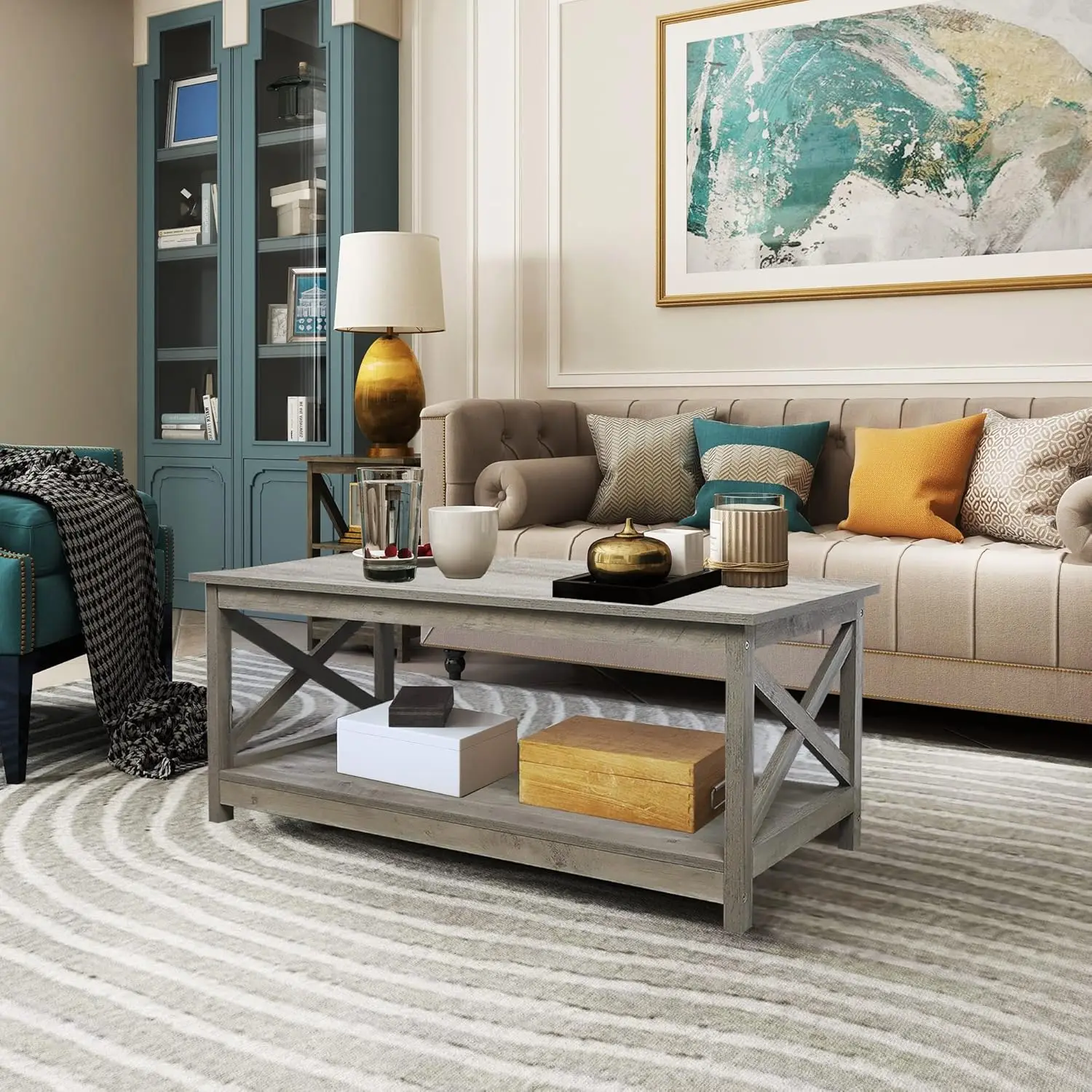 طاولة القهوة، طاولة القهوة الخشبية الحديثة للمزرعة مع مساحة تخزين من طبقتين، 40 بوصة، أثاث غرفة المعيشة البلوط المغسول