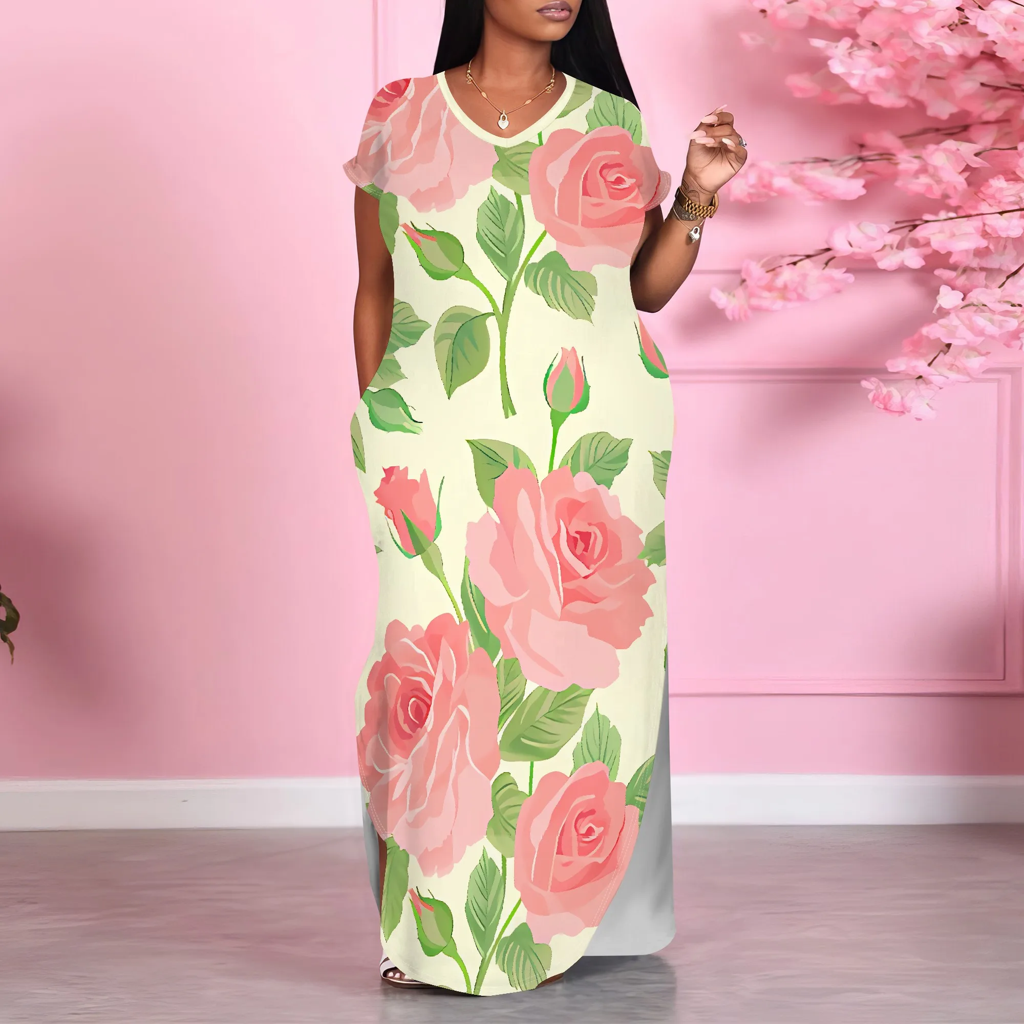 Romantic Rose Off Shoulder Maxi Dress for Women Summer Casual Streetwear