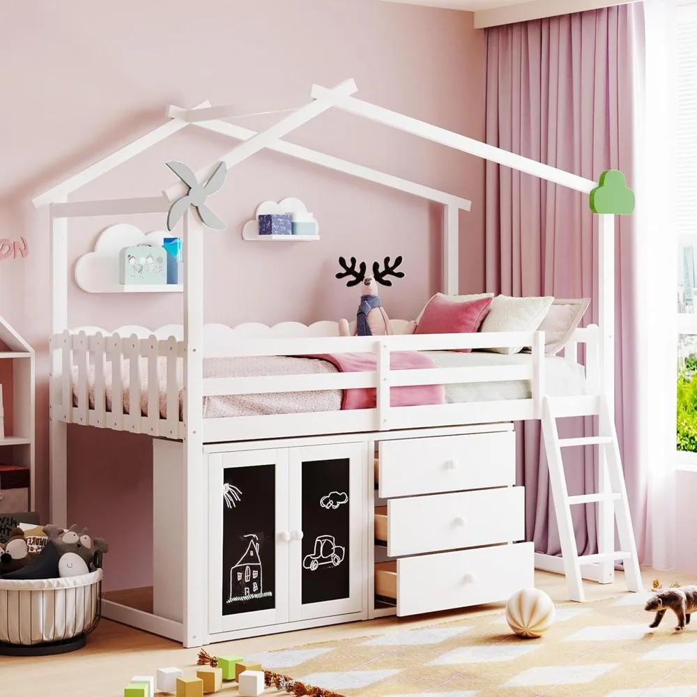 Wooden Twin Size Loft Bed with Drawers,Cabinet Fitted with Black Boards,House Bedframe for Kids/Bedroom,White