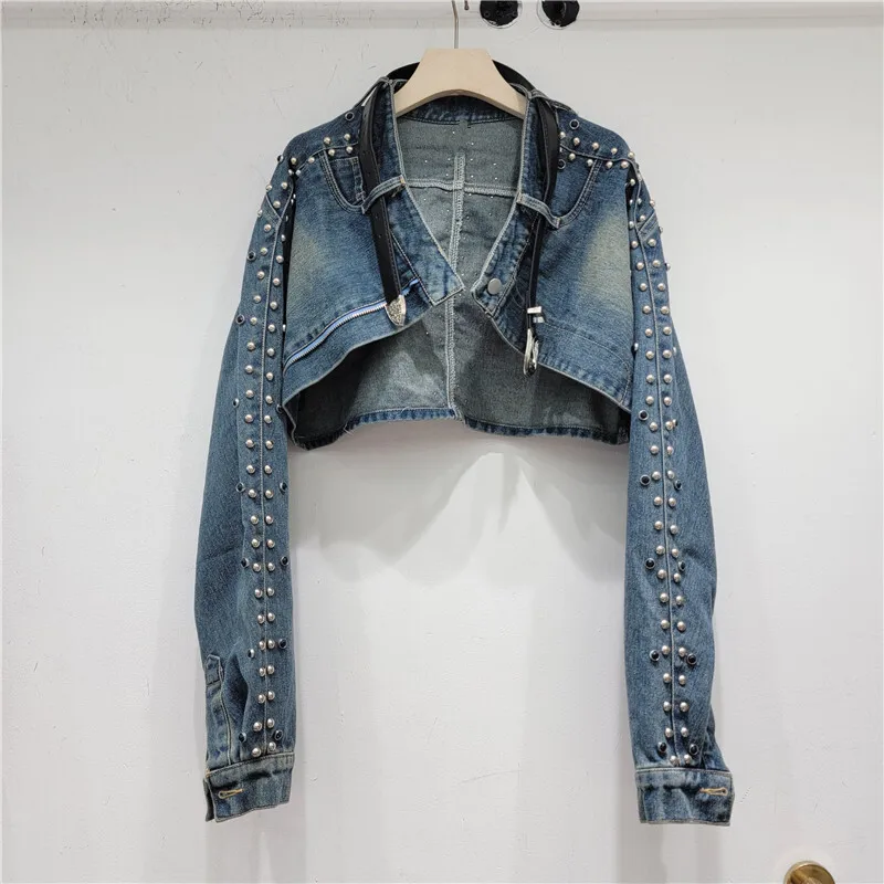 WTHT Trendy Women's Rivet Shawl Belt Decoration Denim Coat 2025 Spring Fashion Long Sleeves Jackets Female 1LS649