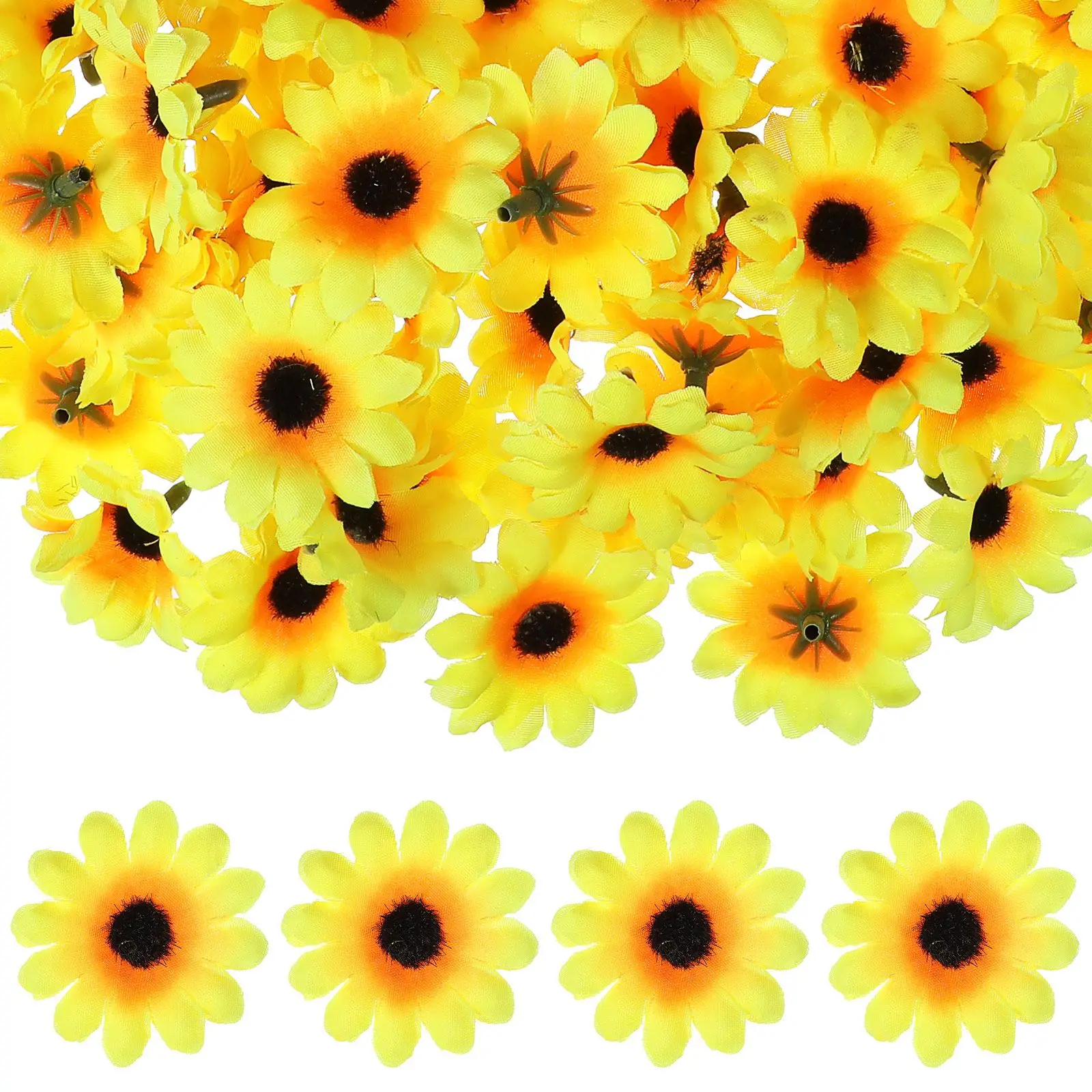 100pcs Artificial Heads Yellow Plastic Artificial Sunflower Heads Polyester Decorative Wedding Party Craft Work