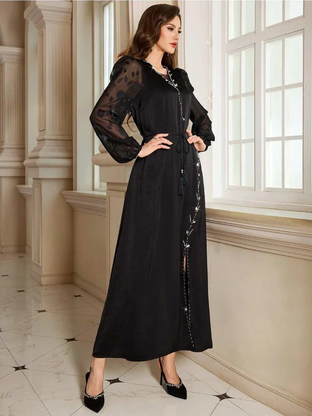 Eid Dubai Women Dress Abaya Lace Diamond Muslim Jalabiya Ramadan Vestidos Largos Islam Party Dresses Arab Long Robe Morocco