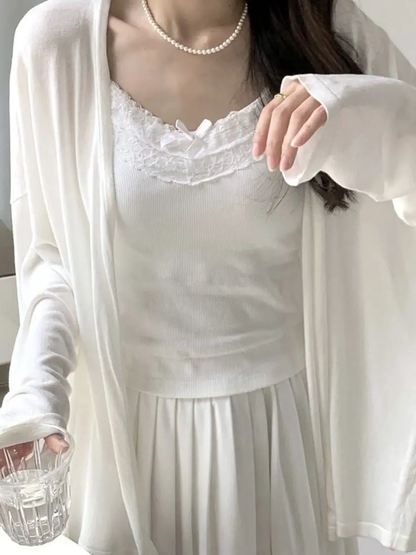 Elegant Ice Silk Thin Women's Spring Summer Long Sleeve Cover up Top Overalls with Strap Vest Net Shirt Casual Fashion