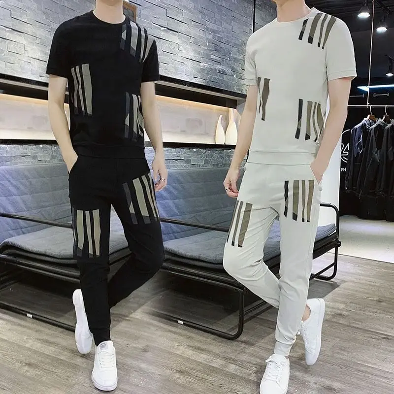 

Graphic Male T Shirt Trousers Sets Nylon Print Cool Aesthetic Two-piece Polyester Loose Korean Style 2025 Kpop Men's Pants Set