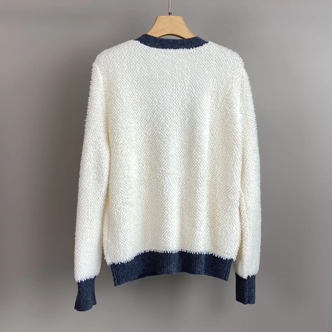 Damski Jesienno-Zimowy Nowy Kaszmirowy Kardigan w Blokach Kolorów, Luźny Sweter-Płaszcz z Dekoltem w Serek i Kieszeniami