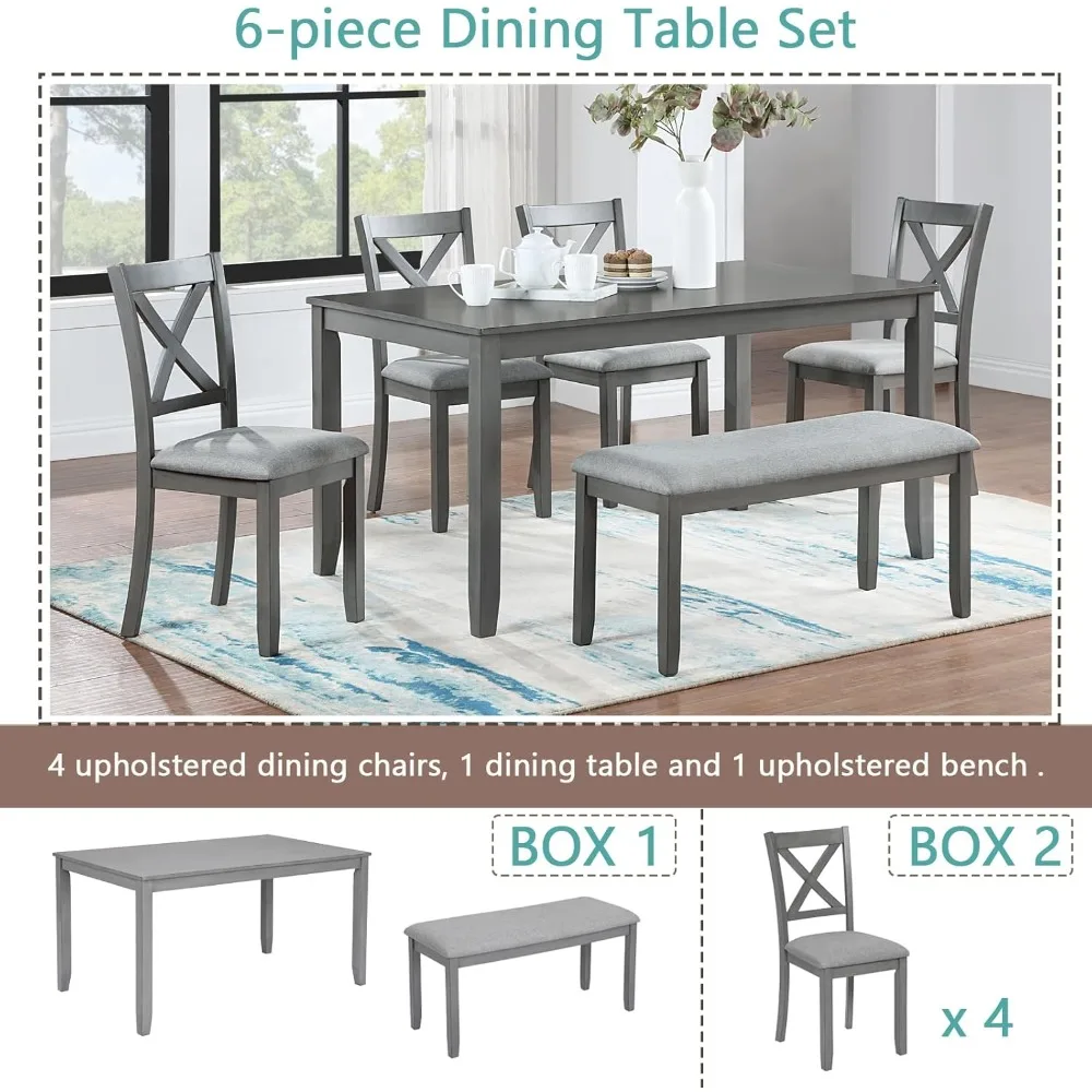 Dining Table Set for 6, Solid Wood Kitchen Table Set with 4 Upholstered Chairs and Bench, Farmhouse Table with Bench