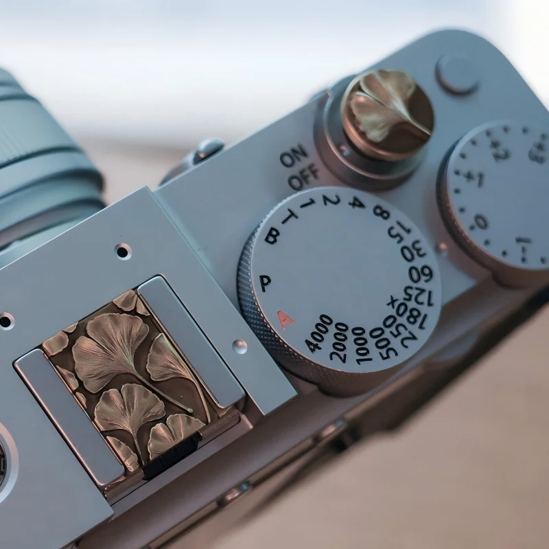 Brass Apricot Leaf Series Hot Shoe Cover with Shutter Button Cap for Canon Nikon Sony Fuji Leica ZF DSLR Mirrorless Accessories view 4