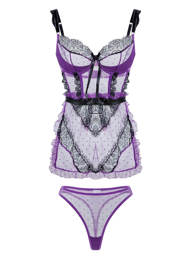 2025 New Women's Sexy Strapless Corset Bra Set French Lace Mesh Open Back Hollow Out Strapless Dress Two Piece Set