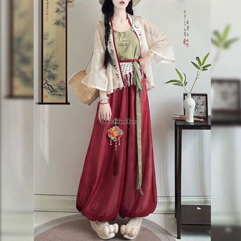 2025 new chinese improved style women summer hanfu set short-sleeved top suspenders flower lantern-style pants retro daily hanfu