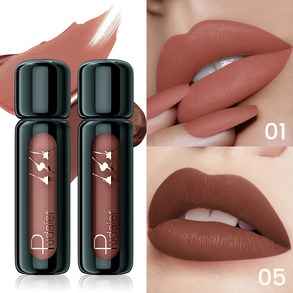 Waterproof Non-Fade Matte Lip Gloss Set 2pcs Pudaier Nude & Reddish-Brown Non-Stick Cup Lip Color