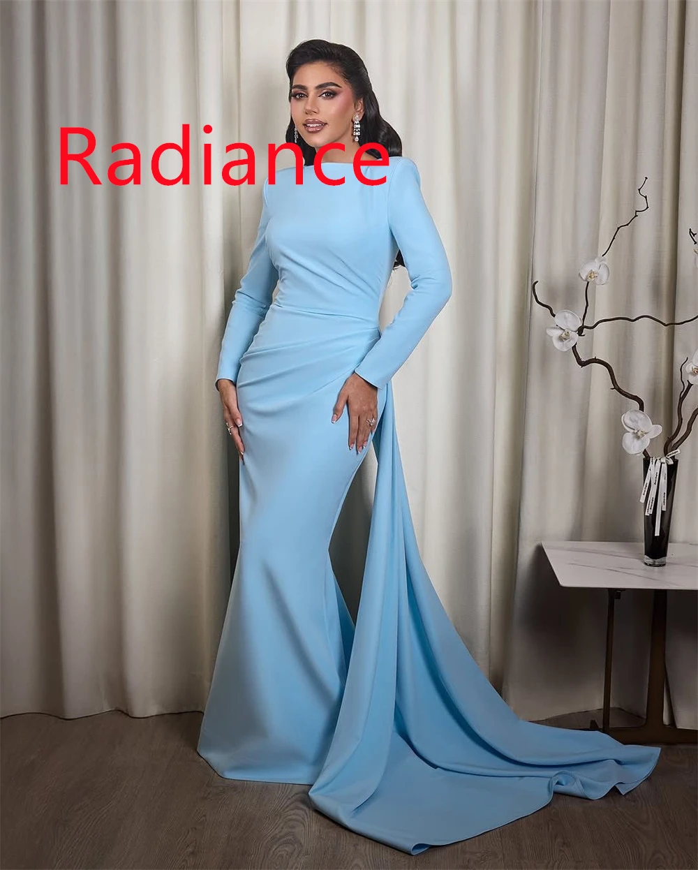 

Customized Elegant Light Blue Satin Evening Dress High Quality Scoop Long Sleeves Mermaid Zipper Back Special Occasion Gowns