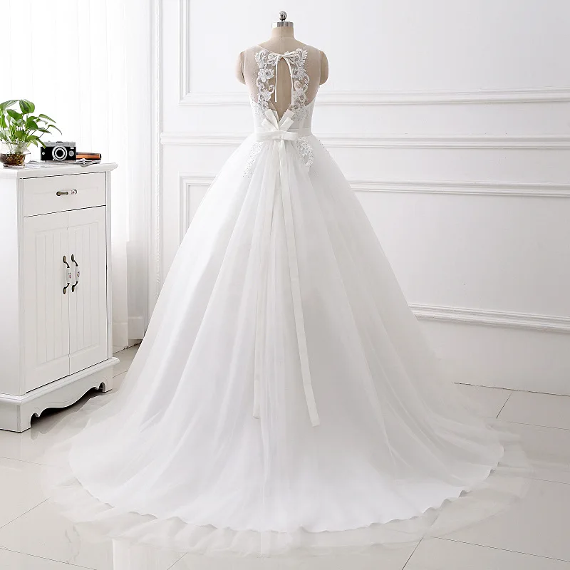 Cheap Simple A Line Satin Netting Tulle V Neck  Floor Length Applique Scoop Crystals Wedding Dresses Bridal Gown Corset Back