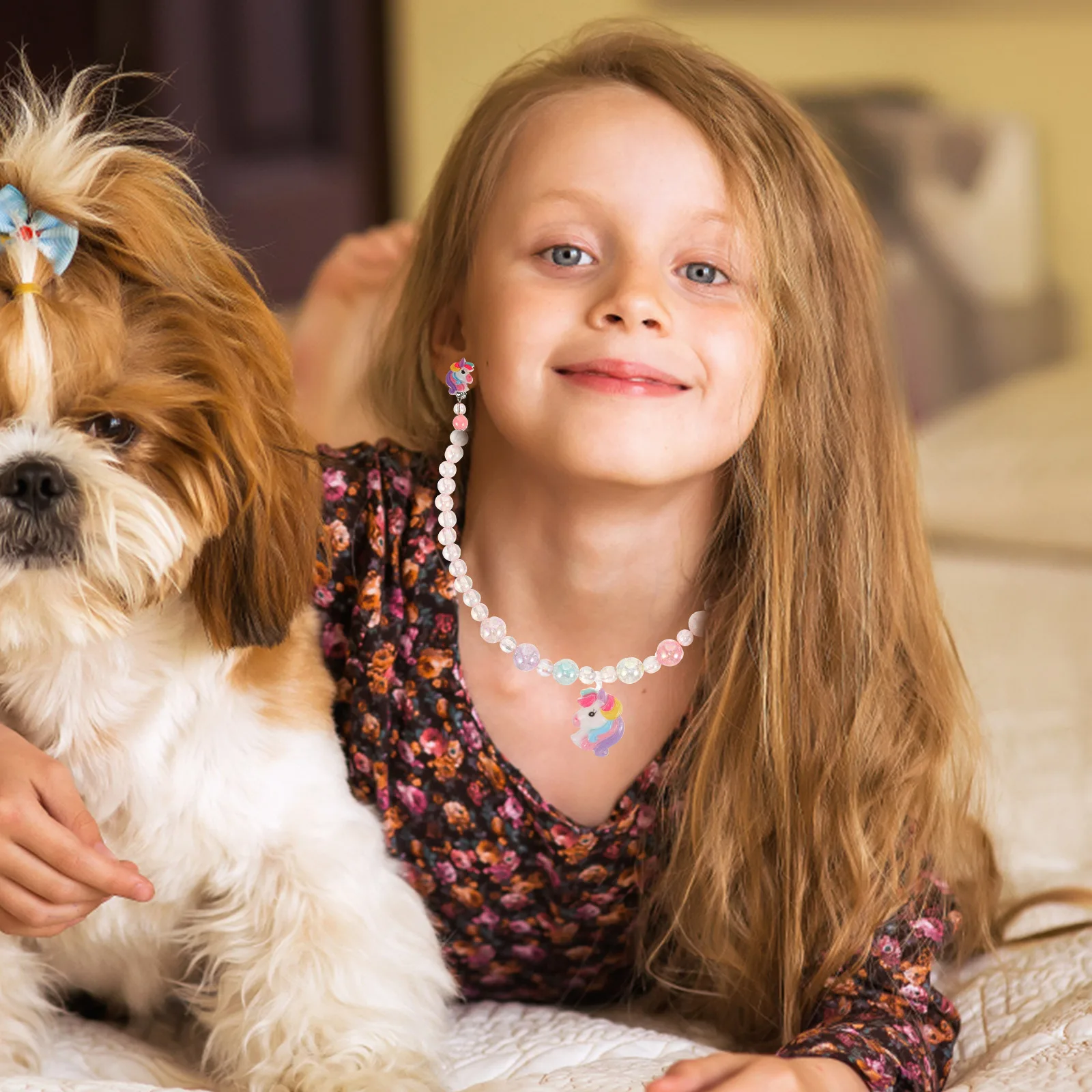 

1Set Unicorn Jewelry Set Cute Unicorn Watch Beaded Bracelet Necklace Clip on Earrings Ring Birthday Party Gift