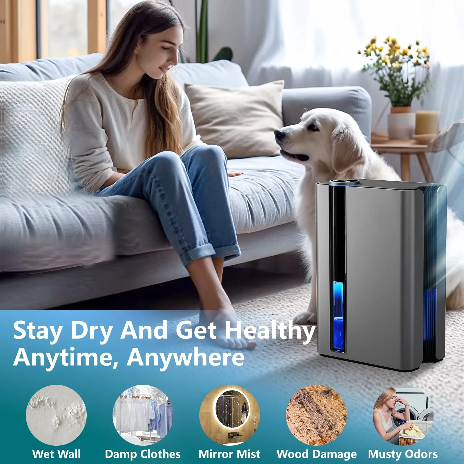 2.8L Dehumidifier Reusable Filter and Ionizer Small Dehumidifier with Drain Hose Dehumidifiers for Bedroom Closet RV