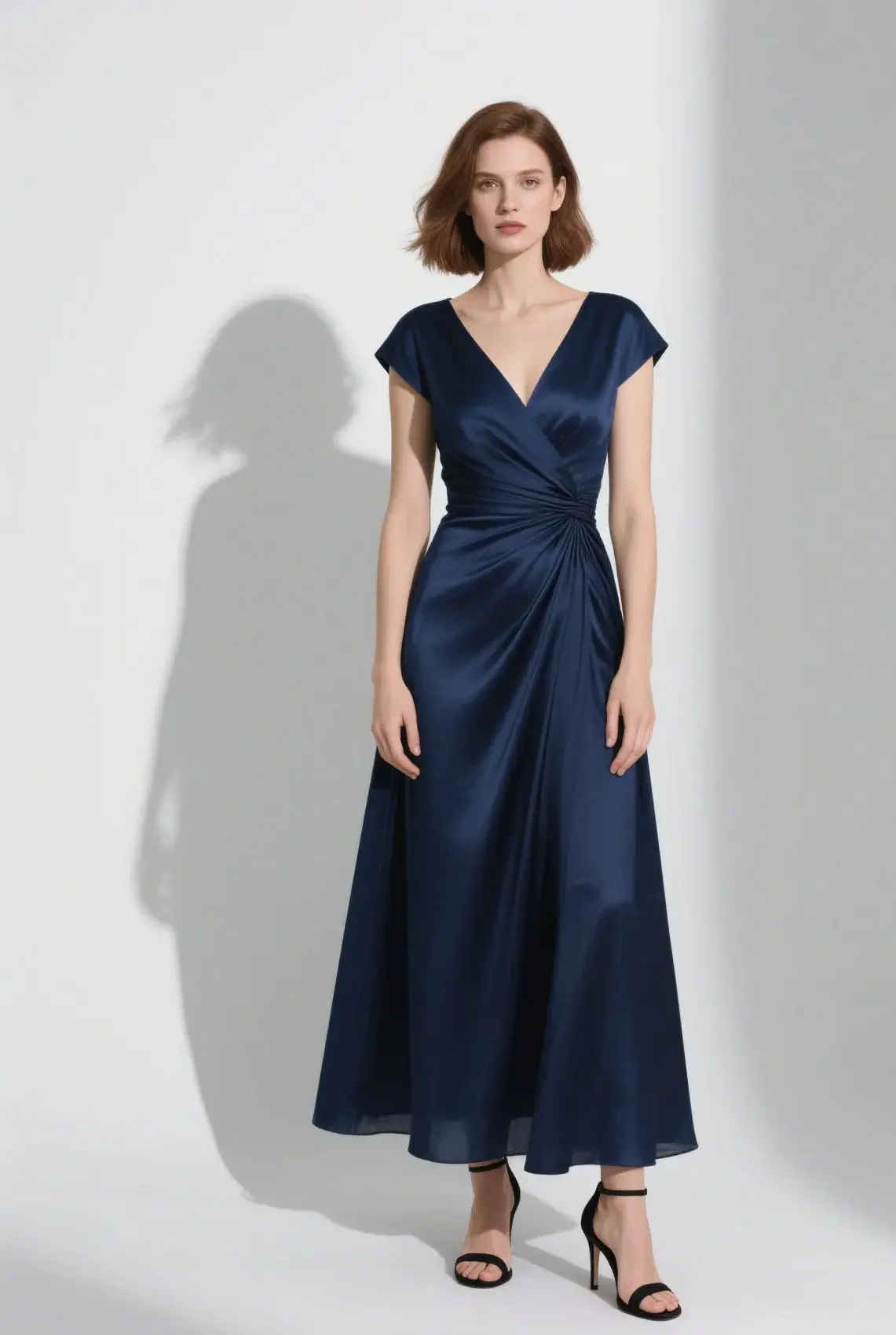 Fashionable Elegant A-Line Prom Evening Gown Tea Length Satin V Neck Cap Sleeve Ruffles Wedding Guest Dress 2025 free customized