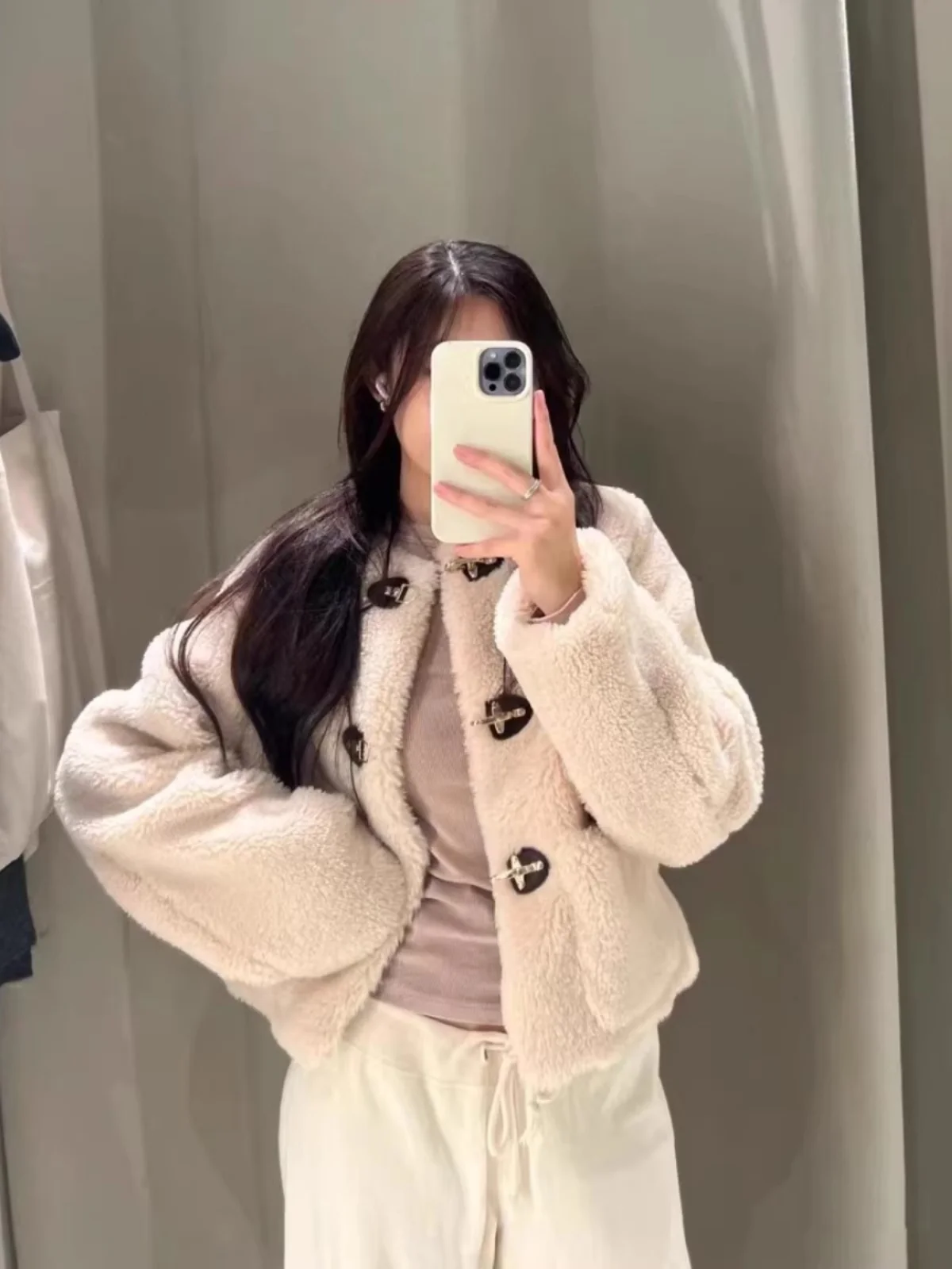 เสื้อโค้ทขนแกะสำหรับผู้หญิง ทรงกลม ตกแต่งด้วยผ้าสีฟ้า ซับในด้วยผ้าขนสัตว์ ทรงหลวม แขนยาว สีฟ้า