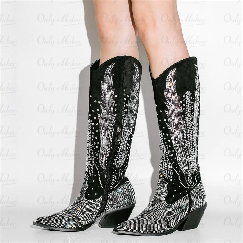 Onlymaker Women Black Knee High Rhinestone Boots Western Cowboy Boots Glitter Bling Shiny Block Heel Handmade Boots