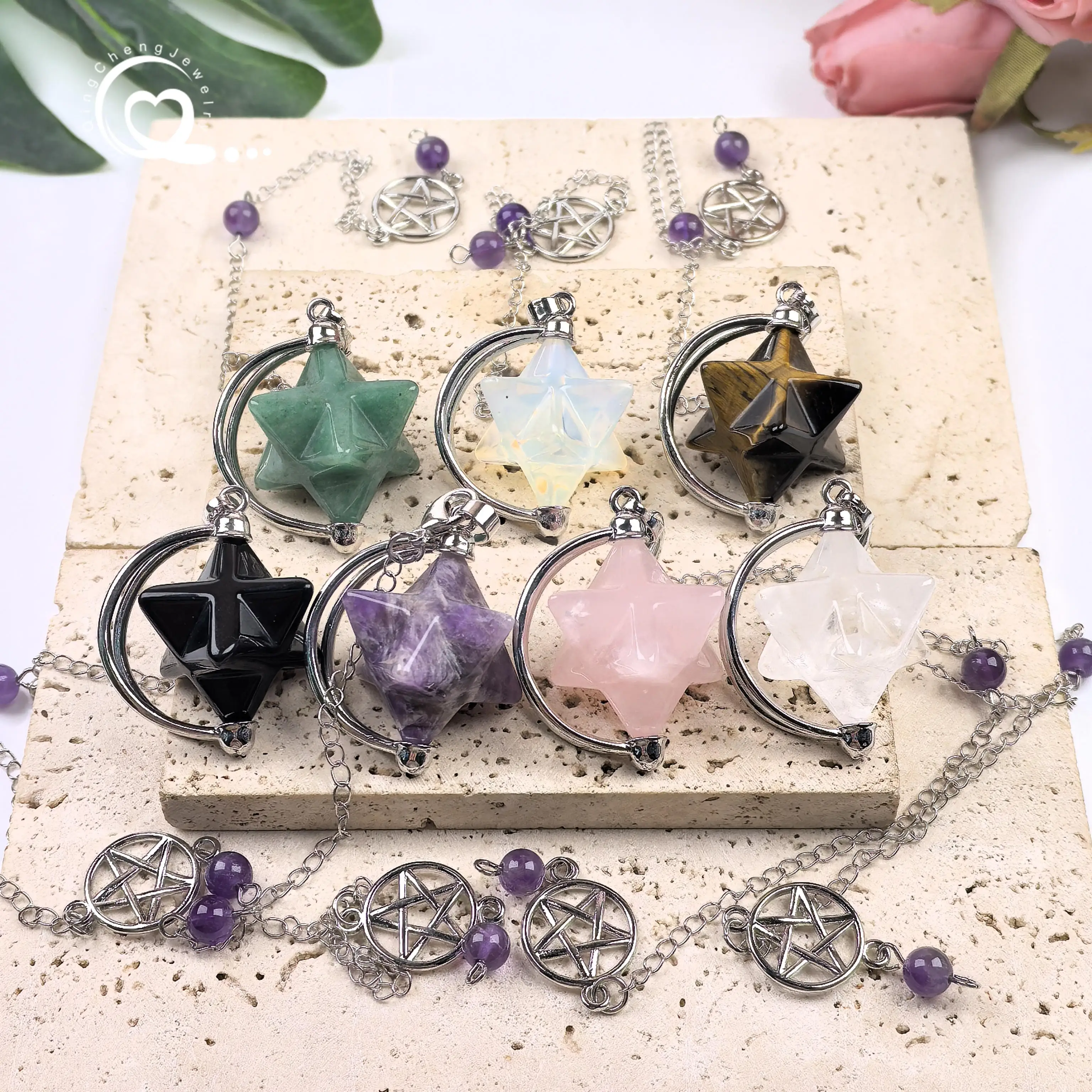 

Moon Merkabah Pendulums for Dowsing Natural Stone Hexagram Star Divination Wicca Chakra Reiki Healing Crystal Pendulo,QC6025