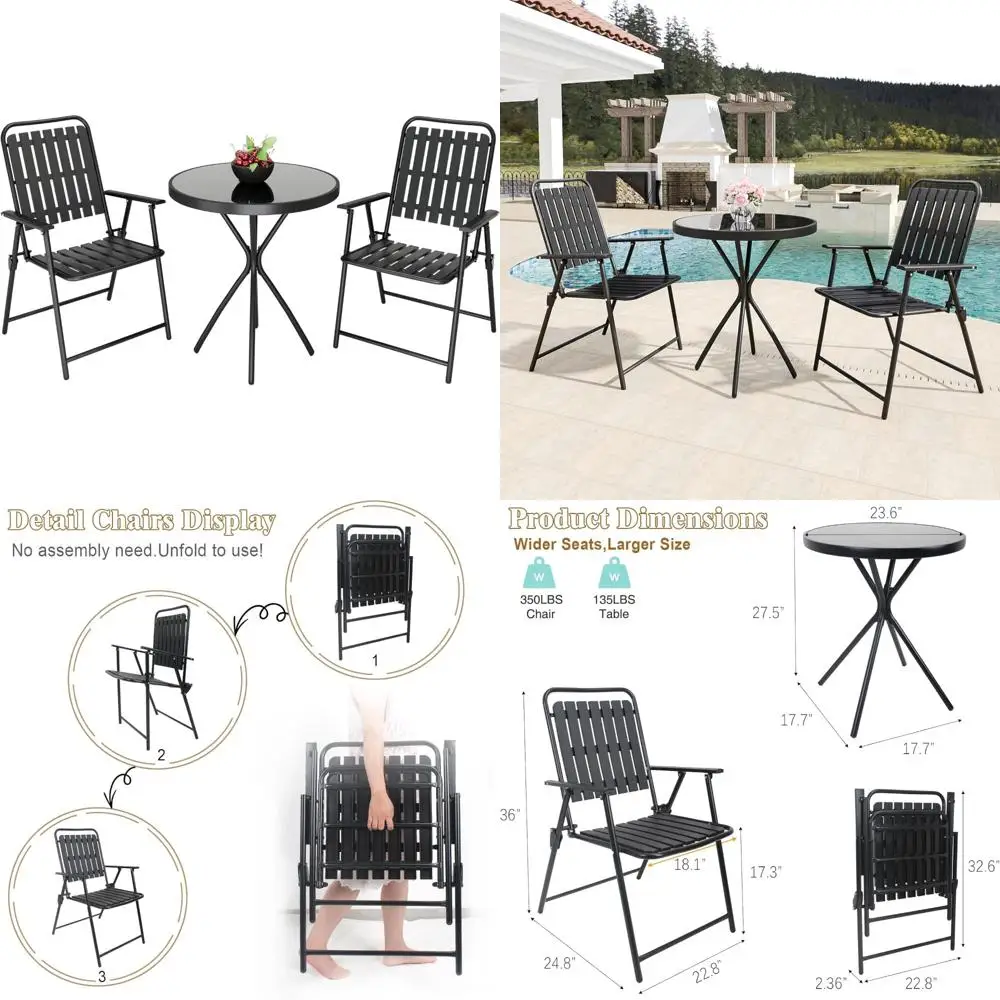 

Folding Outdoor Bistro Set for 2, Portable Dining Chairs and Table Set, Rust-Resistant, Easy Assembly-Free, Compact Patio Furnit