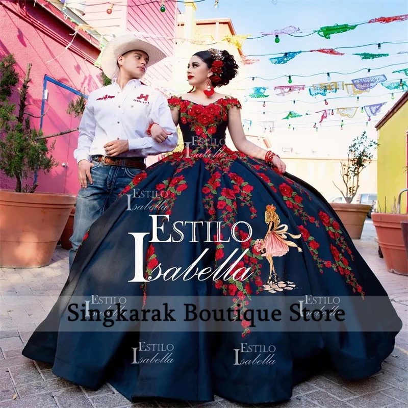 Mexican Black Ball Gown Quinceanera Dresses Sweet 16 Dress Flowers Embroidery Appliques Crystal Vestidos De 15  Customized